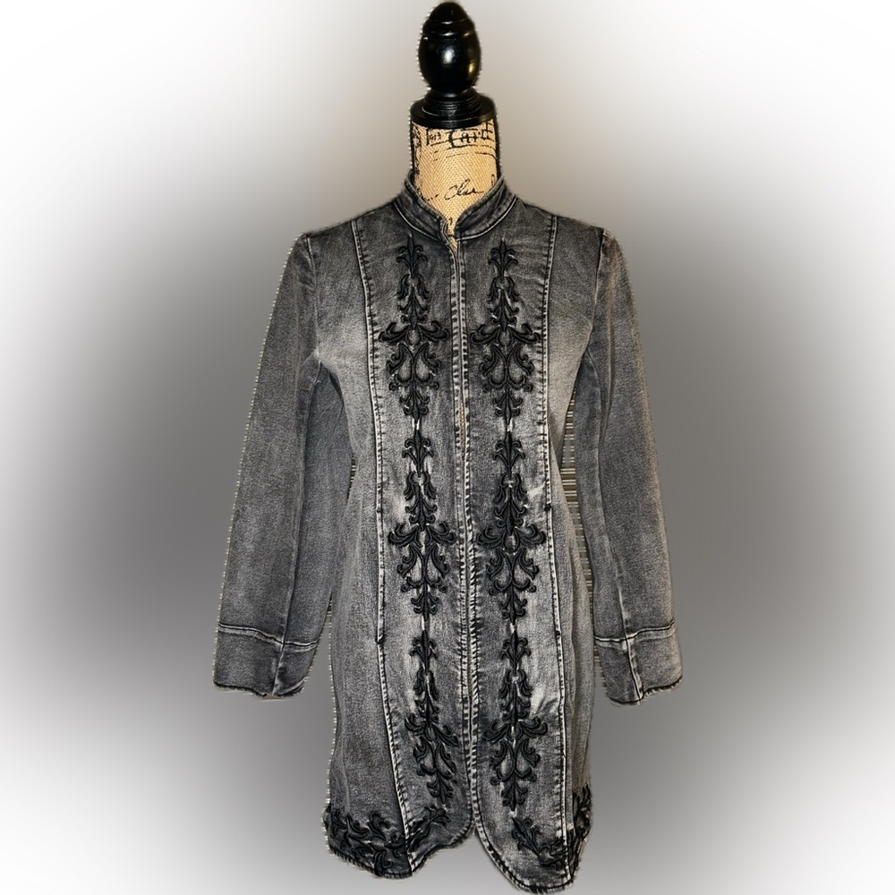 Soft Surroundings Charcoal Gray Denim Jacket Black Embroidered Victorian Hem XS